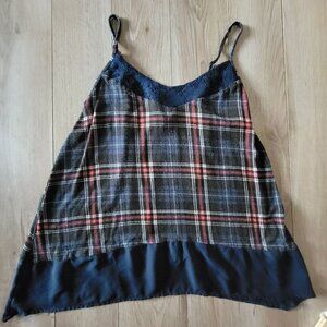 Mason & Mackenzie Y2K womens Plaid & Lace Navy Top XS Sheer Hemline Cami